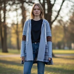 POL Blue Hooded Zip Cardigan with Brown Elbow Accents